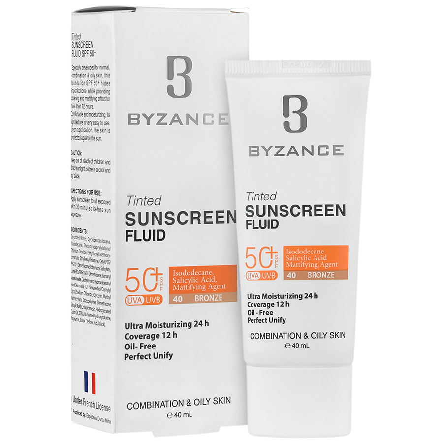 فلوئید ضد آفتاب رنگی SPF50 بیزانس مناسب پوست چرب و مختلط